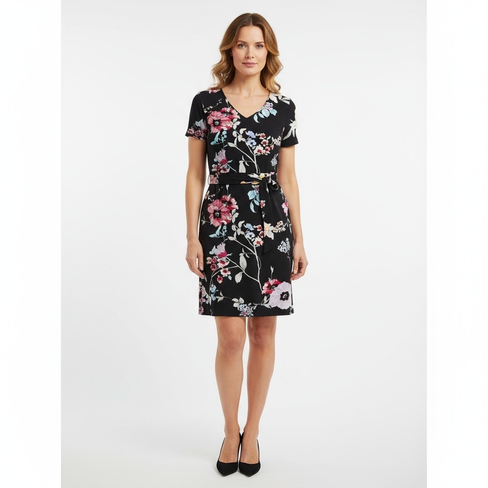 White House Black Market XXSP Black‎ Pink Floral Reversible Belted Dress